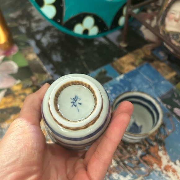 Vintage Japanese Yunomi Tea Cups Pair Stoneware Striped 3" Handmade Pottery - Picture 6 of 16